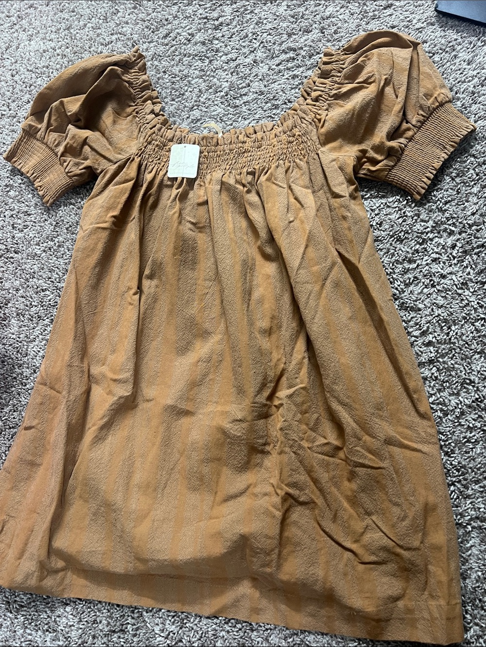 Free People Mustard/Tan Puff Sleeve Smocked Neck Dress - Picture 1 of 5